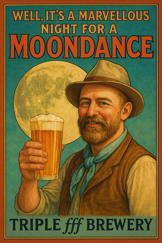 Vintage-style poster with a man holding a beer and text about a 'Moondance' at Triple fff Brewery.